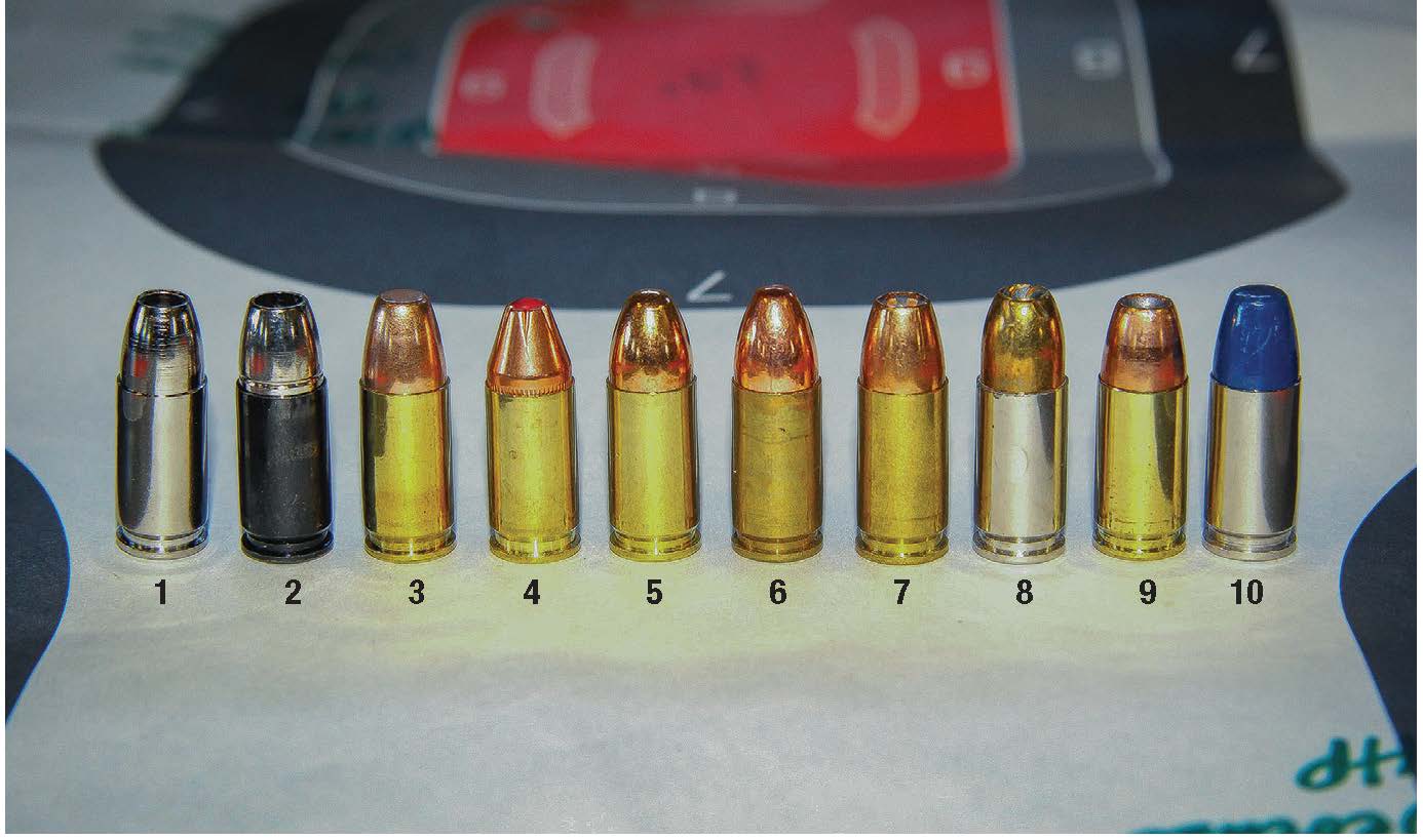 Factory ammunition used to test the Ruger PC Carbine included: (1) Liberty Ammunition 50-grain Civil Defense +P HP, (2) Liberty 72-grain Overwatch HP, (3) Winchester 95-grain Super Clean Zinc-Core FH FMJ, (4) Hornady 115-grain Critical Defense FTX, (5) Federal American Eagle 115-grain FMJ, (6) Freedom Munitions 115-grain FMJ, (7) Federal 124-grain Personal Defense Punch JHP, (8) Remington 124-grain Golden Sabre Defense HP, (9) Ammo Inc. 124-grain Sierra Match HP and (10) Federal Premium 147-grain Syntech FN Solid Core +P.